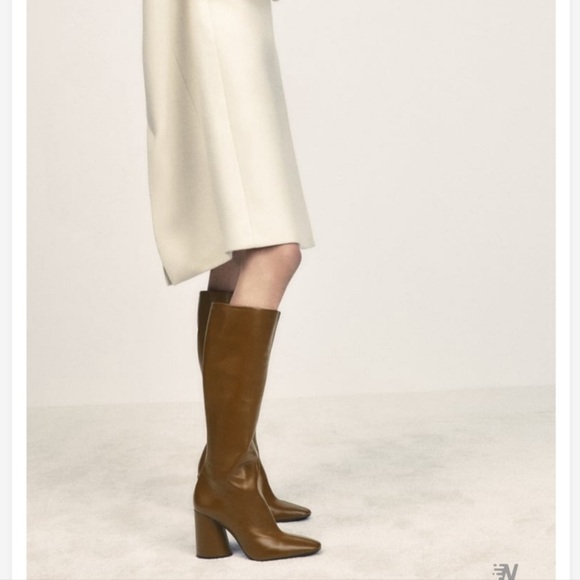 ZARA Brown Leather Knee High Boots w/ Block Heel, Size 8, NWT, Sold Out! - Picture 2 of 7